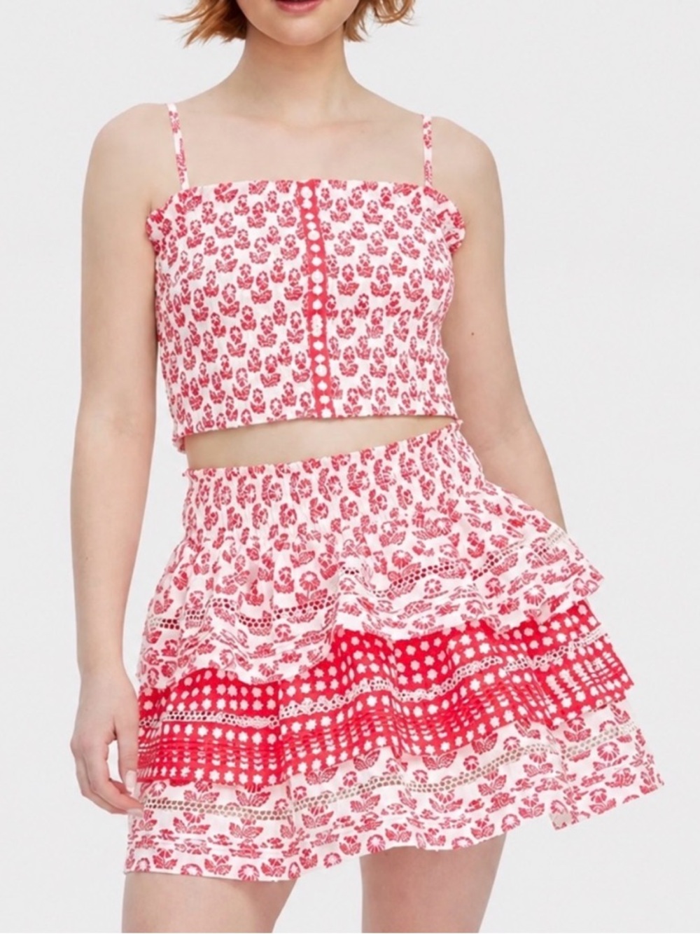 Roller Rabbit 2 Piece Mini Skirt and Tank Set Red White Floral Size Large NWT